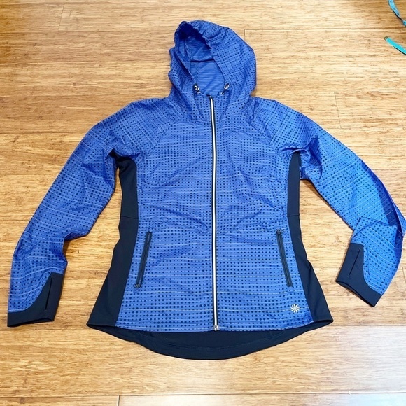 Athleta royal blue & black colorblock windbreaker full zip jacket w/ hood. Small - Picture 1 of 14